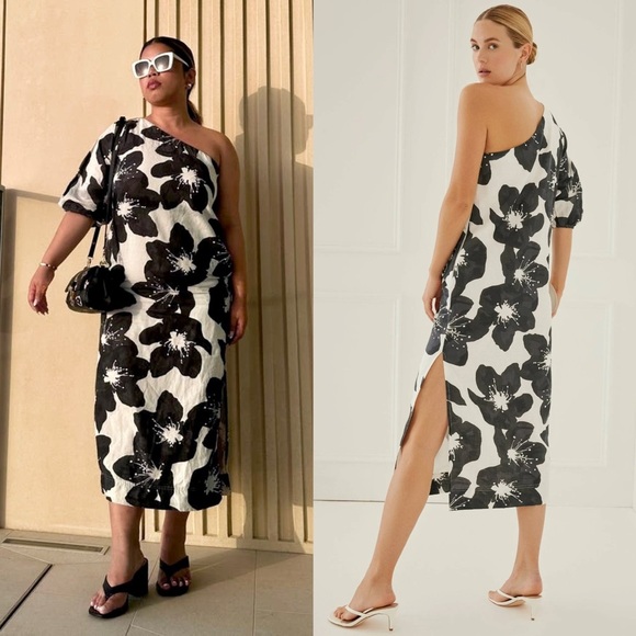 SOMETHING NAVY Floral Print Linen Cotton One Shoulder Puff Sleeve Column Gown L - Picture 2 of 13